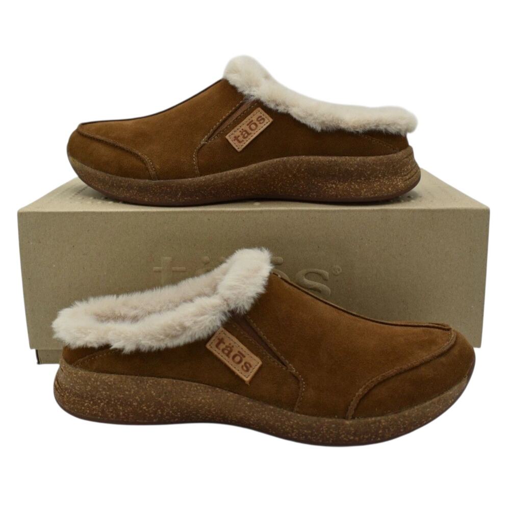 TAOS NEW in Box Future Shearling Suede Clogs Mules Chestnut Brown size 10